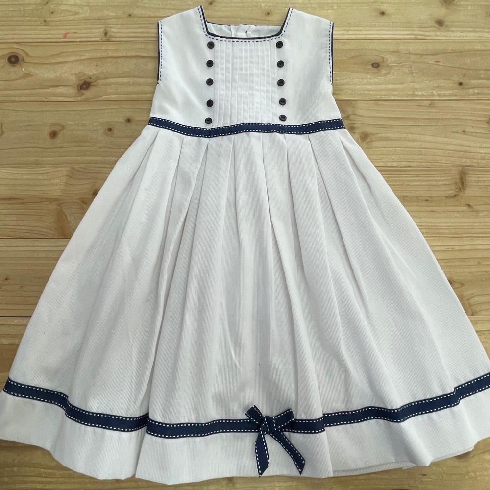 Friedknit Creations Girls White Corduroy Dress Blue‎ Trim 2T Bow